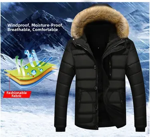 Detail of warm winter parka featuring a plush faux fur collar and windproof thick fabric