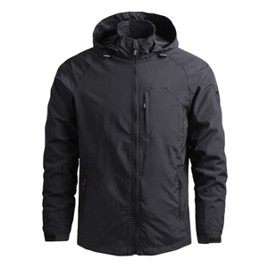 Men's black hooded windbreaker with multi-pocket design and adjustable velcro cuffs