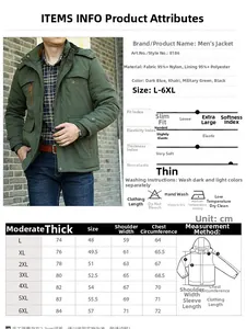 Detailed size chart for men's winter padded jacket showing dimensions from L to 6XL