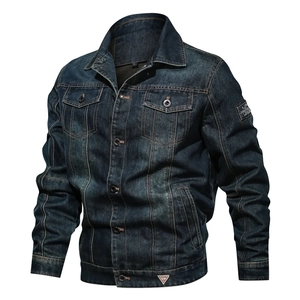 Men's retro dark blue denim jacket with multi-pockets and wash texture in loose fit