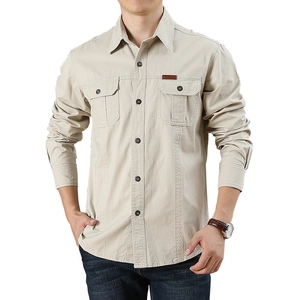 Men's khaki long sleeve outdoor cotton shirt with dual breast pockets and button front