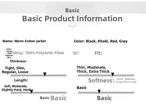 Detailed size and material specifications for men's padded jacket in various colors