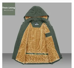 Detailed macro view of green outdoor jacket with thick warm brown fleece lining interior
