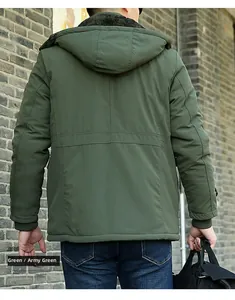 Rear view of men's thermal hooded winter jacket in army green with ribbed cuffs