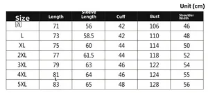 Detailed size chart for men's winter jacket with measurements from M to 5XL in centimeters