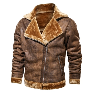 Men's vintage dark brown shearling flight jacket with faux suede and thick fur lining