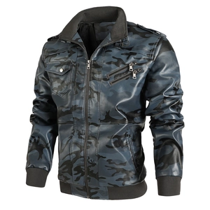Veste en Cuir PU Camouflage Rétro pour Hommes Col Montant Multi Poches Style Militaire Motard Blouson Similicuir
