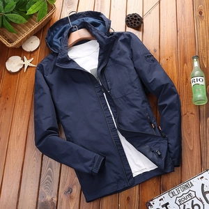 Waterproof navy blue hooded outdoor jacket with chest pocket and sleeve embroidery