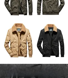 Detail showing multi-pocket cargo flight jacket in military green, khaki and dark blue
