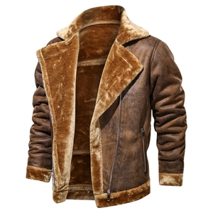 Detail view of men's faux suede aviator jacket with thick faux shearling lining