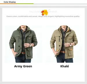 Detail of outdoor cargo jacket with hood and ROUG STOCK print in green and khaki
