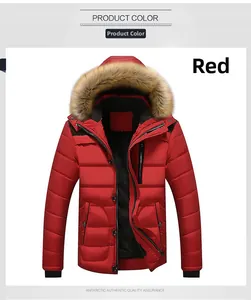 Detailed view of red men winter hooded parka with faux fur collar and black ribbed cuffs
