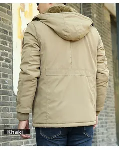 Rear view of khaki hooded winter jacket showing the thick thermal plush lining