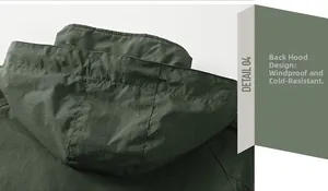 Detail of the windproof rear hood on this dark green lightweight hooded jacket for men