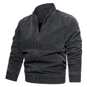 Men's Casual Cotton Cargo Jacket Stand Collar Solid Color Workwear Outerwear Autumn Washed Bomber Coat Ribbed Trim Plus Size