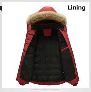 Detail of red winter parka showing thick black fleece lining and fluffy faux fur collar