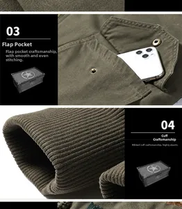 Detail of military green tactical jacket showing flap pocket and ribbed elastic cuffs