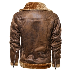 Men's vintage brown faux suede shearling jacket with warm fur lining and back view detail