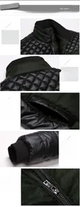 Detail view of men jacket featuring ribbed collar, diamond stitching, and metal zipper close