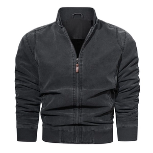 Detail view of charcoal cotton flight jacket with ribbed cuffs and washed texture