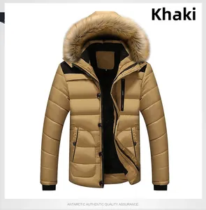 Close-up of khaki winter coat featuring a detachable brown faux fur collar and secure hood
