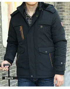 Detail of black winter parka for men with ROUGH STOCK embroidery and warm fleece lining