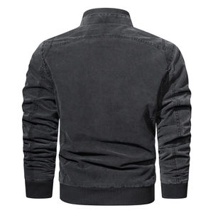 Back view of men's dark grey cotton bomber jacket with ribbed cuffs and double stitching