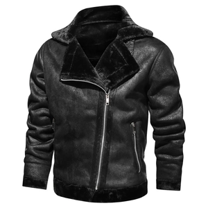 Detail of black shearling lining and faux suede texture on men's biker jacket