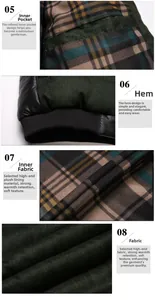 Detail of green herringbone jacket showing plaid plush lining and internal pocket