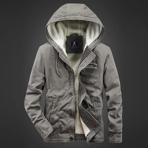 Thick men's hooded jacket with warm sherpa lining and gray cotton canvas outer shell
