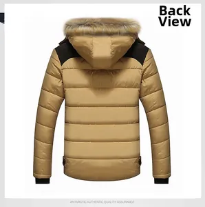 Rear view of khaki padded coat featuring black shoulder patchwork and faux fur hood