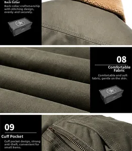 Detail view of flight jacket olive fabric with fleece collar and sleeve utility pocket