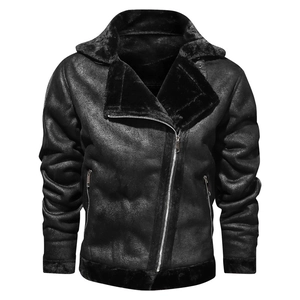 Detail view of men's black suede aviator jacket with thick faux fur lining and zippers