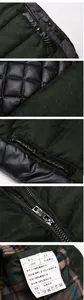 Detail view of quilted puffer jacket with textured herringbone fabric and PU leather panels