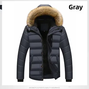 Detail of grey men's winter parka with faux fur collar and thick black fleece lining