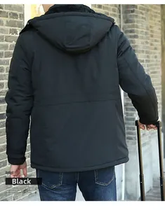Back view of a black men's winter hooded jacket with warm fleece lining and windproof fabric