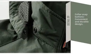 Macro shot of dark green functional jacket collar with metal snap and breathable mesh lining