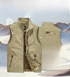 Detail of khaki outdoor vest showing thick fleece lining and windproof fabric