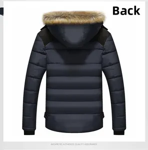 Back view of heavy navy blue winter jacket with fur hood and horizontal quilting details