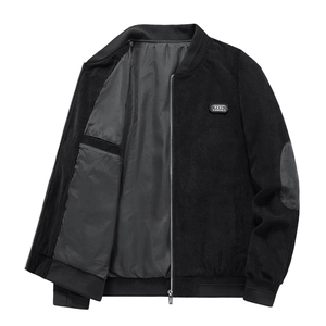 Giacca bomber da uomo vintage in velluto a coste nero con toppe ricamate vista piatta