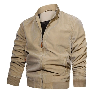 Classic men's cotton military jacket with standing collar and ribbed cuffs in khaki