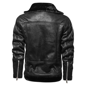 Back view of men's black suede biker jacket with faux fur collar and silver zipper detail