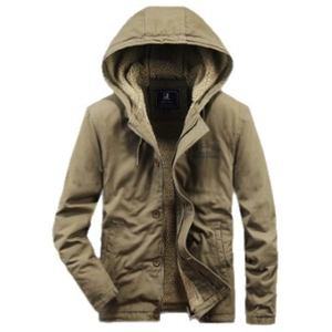 Men's khaki hooded cotton jacket with warm fleece lining and multi-pocket workwear style