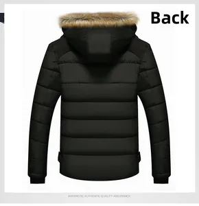 Rear view of men's padded winter jacket featuring a faux fur hood and ribbed cuffs