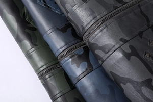 Détail macro de la texture simili cuir camouflage avec fermetures éclair métalliques