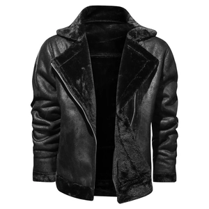Detail of men's black faux shearling moto jacket showing warm fleece lining and suede texture
