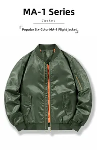 Detail of army green MA-1 flight jacket showing orange lining and utility sleeve pocket