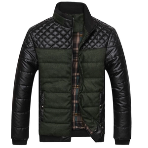 Men Casual Winter Warm Padded Jacket Quilted Splicing PU Leather Outerwear Thickened Standing Collar Plaid Lining Cotton Coat