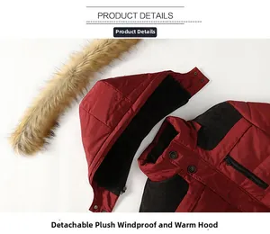 Detail of detachable faux-fur hood with black fleece lining on dark red winter parka coat