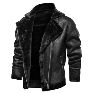 Detail of men's faux leather shearling jacket with black faux fur lining and lapels